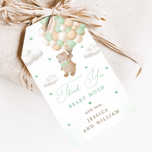 緑のバルーン付きテディベア赤ちゃんシャワー ギフトタグ