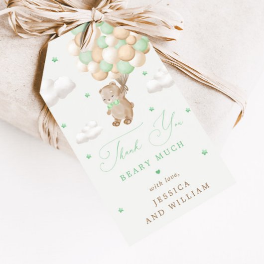 緑のバルーン付きテディベア赤ちゃんシャワー ギフトタグ