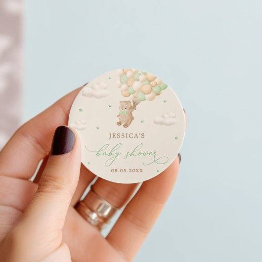 緑のバルーン付きテディベア赤ちゃんシャワー ラウンドシール