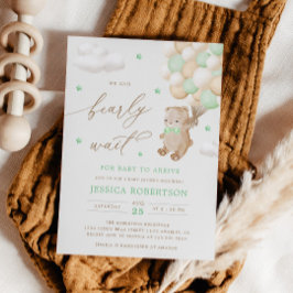 緑のバルーン付きテディベア赤ちゃんシャワー 招待状