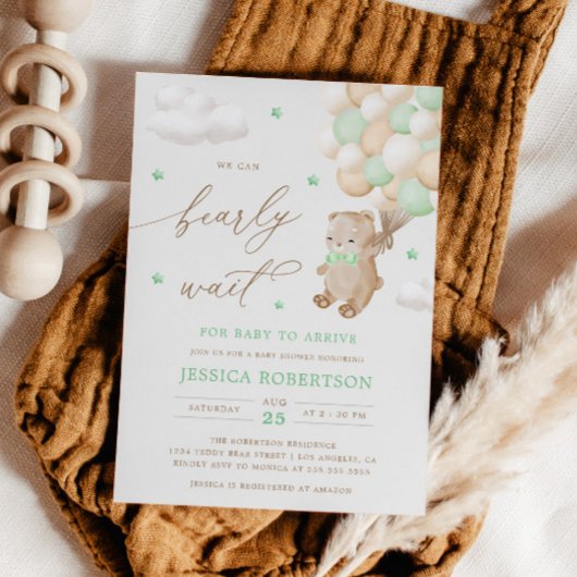 緑のバルーン付きテディベア赤ちゃんシャワー 招待状