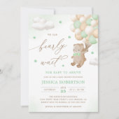 緑のバルーン付きテディベア赤ちゃんシャワー 招待状 (正面)