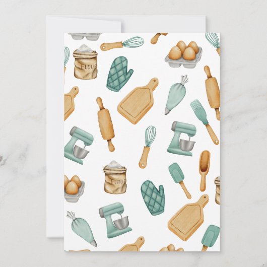 緑のバーカーが使うお菓子作りの道具のパターン誕生日 招待状 (裏面)