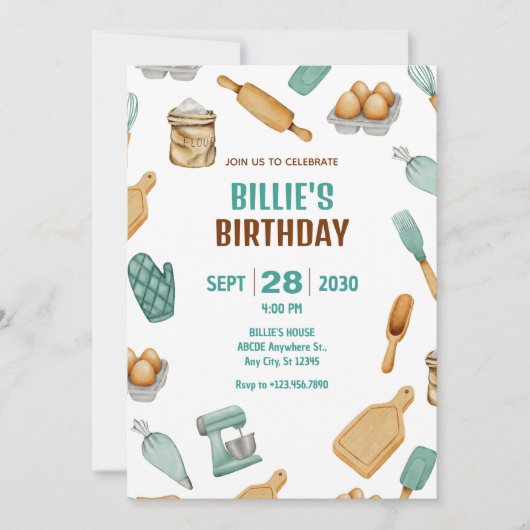 緑のバーカーが使うお菓子作りの道具のパターン 誕生日 招待状 (正面)