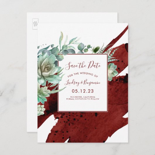 緑のバーガンディ赤の多肉食の日付を保存 案内ポストカード (正面/裏面)
