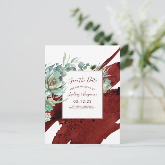 緑のバーガンディ赤の多肉食の日付を保存 案内ポストカード (スタンド正面)