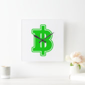 緑のバーツの印の฿のタイのお金の通貨の฿ スクエア壁時計 (ホーム)