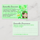 緑のパレット清掃婦女性カートゥーンハウスクリーニング 名刺 (正面/裏面)