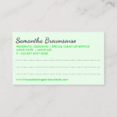 緑のパレット清掃婦女性カートゥーンハウスクリーニング 名刺 (裏面)