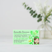 緑のパレット清掃婦女性カートゥーンハウスクリーニング 名刺 (スタンド正面)