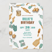 緑のパン屋さんのパン作り道具のパターン誕生日 招待状 (正面/裏面)