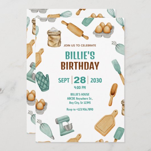 緑のパン屋さんのパン作り道具のパターン誕生日 招待状 (正面/裏面)