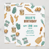 緑のパン屋さんの道具の模様の誕生日 招待状 (正面/裏面)