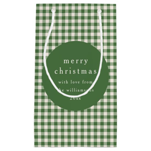 緑のパーソナライズされたギンガムのプレイド名クリスマス スモールペーパーバッグ (正面)