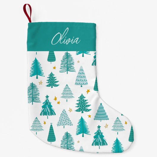 緑のパーソナライズされたクリスマスツリー冬の森 スモールクリスマスストッキング (正面)