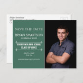 緑のパーソナライズされた写真の卒業日退会 案内ポストカード (正面/裏面)