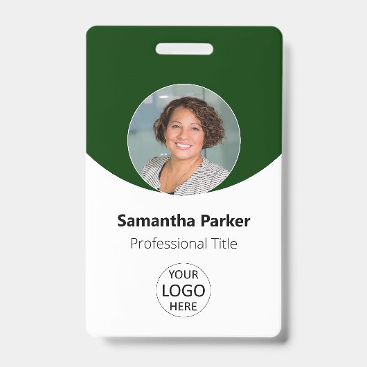 緑のパーソナライズされた写真、ロゴ、バーコード従業員 バッジ (正面)