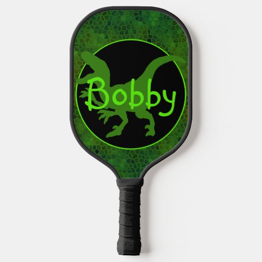 緑のパーソナライズされた恐竜の隠れ家 ピックルボールラケット (裏面)