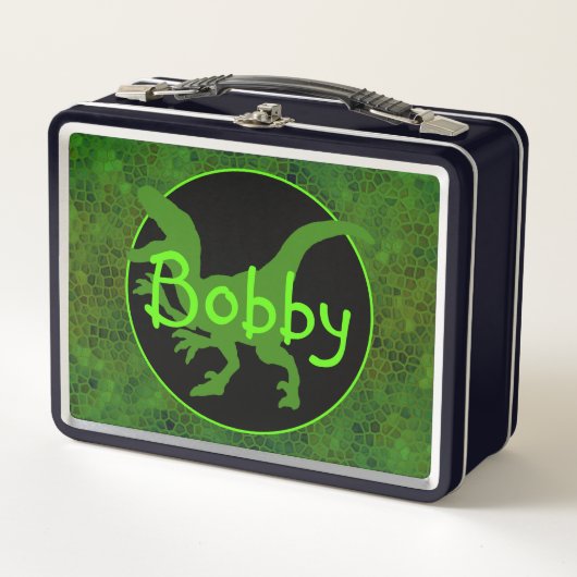 緑のパーソナライズされた恐竜の隠れ家 メタルランチボックス (正面)