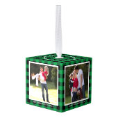 緑のパーソナライズされた格子模様の家族写真クリスマス キューブオーナメント (裏面アングル)
