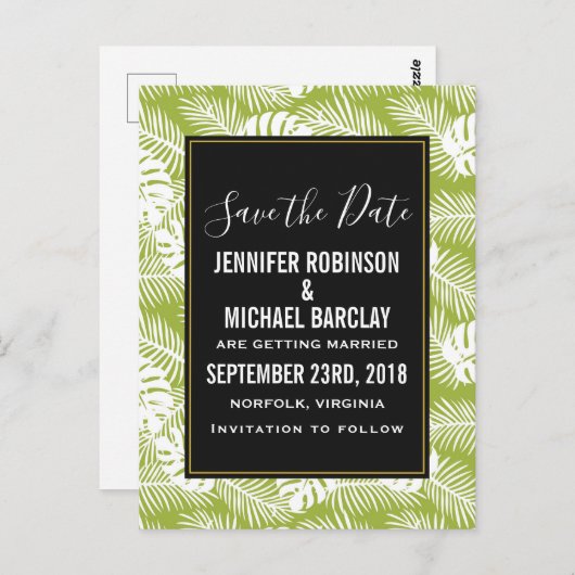 緑のパーム葉の雨の森のパターン日付を保存 ポストカード (正面/裏面)
