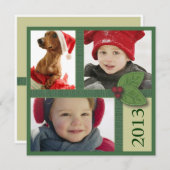 緑のヒイラギの果実の挨拶のクリスマスの写真のトリオ シーズンカード (正面/裏面)