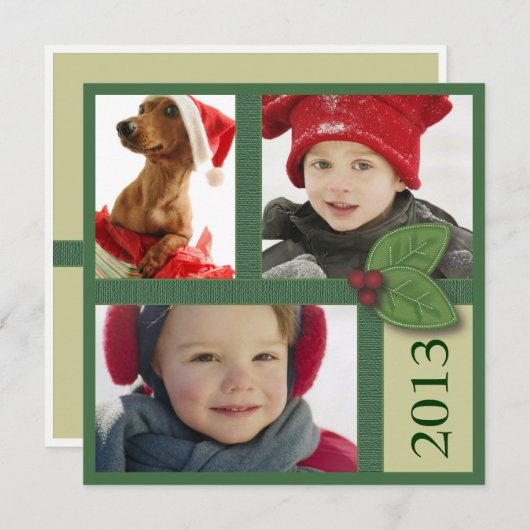 緑のヒイラギの果実の挨拶のクリスマスの写真のトリオ シーズンカード (正面/裏面)