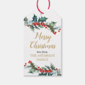 緑のヒイラギの赤い金ゴールドの水色クリスマス ギフトタグ (正面)