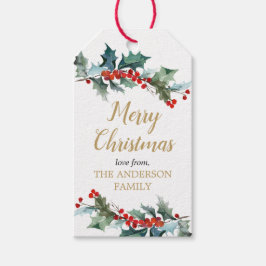 緑のヒイラギの赤い金ゴールドの水色クリスマス ギフトタグ