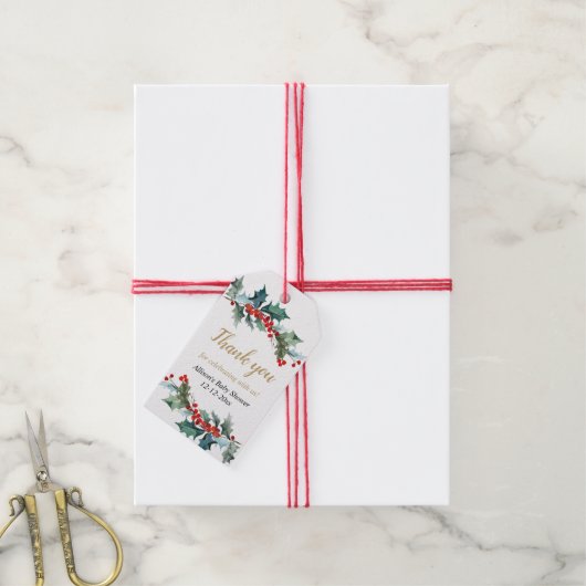 緑のヒイラギ赤い金ゴールドクリスマスベビーシャワー ギフトタグ (より糸付き)