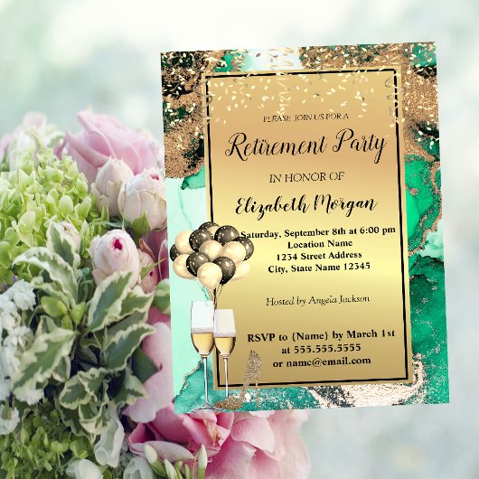 緑のヒール、バルーン、緑の大理石退職後 招待状