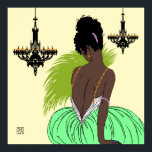 緑のビアンカ – プリント/ポスター ポスター<br><div class="desc">私たちの美しいビアンカは黒い髪で、ミントグリーンと白の服を着ている。ビアンカは宝石で飾られ、キウイの緑の羽の付いたファンを持っている。黄色い背景に黒い淡い色のシャンデリア。</div>