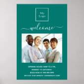 緑のビジネスロゴの写真へようこそ営業時間 ポスター (正面)