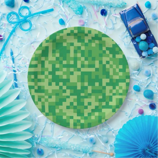 緑のピクセル化されたビデオゲーム誕生日パーティー ペーパープレート (パーティー)