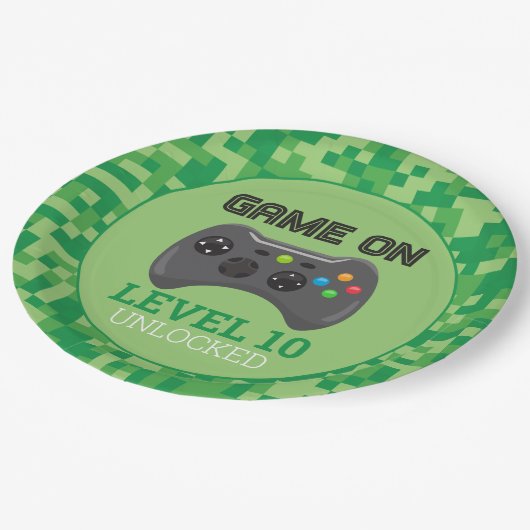 緑のピクセル化レベル上のビデオゲーム誕生日パーティー ペーパープレート (アングル)