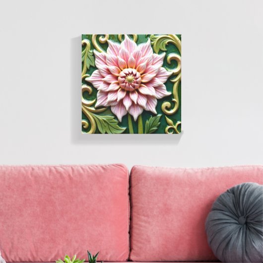 緑のピンクのダリア キャンバスプリント (インサイチュ (リビング))