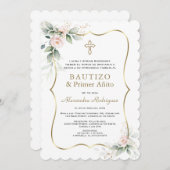 緑のピンクのバラスペインのス1st誕生日バプテスマ 招待状 (正面/裏面)