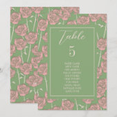 緑のピンクのバラレトロ花のパターンの座席表 招待状 (正面/裏面)