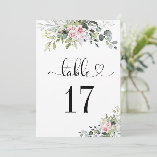 緑のピンクのバラ結婚のテーブル番号 (スタンド正面)