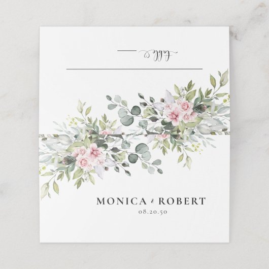 緑のピンクのバラ結婚の折り畳み座席表 プレイスカード (外部開封)