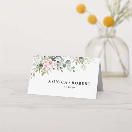 緑のピンクのバラ結婚の折り畳み座席表 プレイスカード (正面)