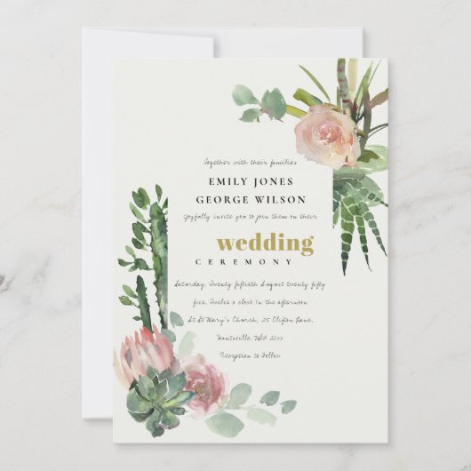 緑のピンクのフローラのサボテンの結婚葉 招待状 (正面)
