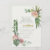 緑のピンクのフローラのサボテンの結婚葉 招待状 (正面/裏面)