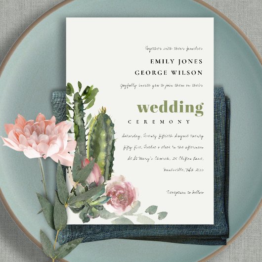 緑のピンクのフローラのサボテンの結婚葉 招待状