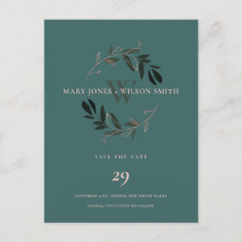 緑のピンクのローズ金ゴールドの葉リース保存日 案内ポストカード