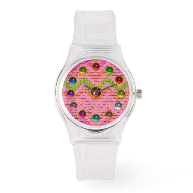 緑のピンクの山形とカラフル宝石 腕時計 (正面)