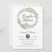 緑のピンクの花リースカップルのシャワー 招待状 (正面)