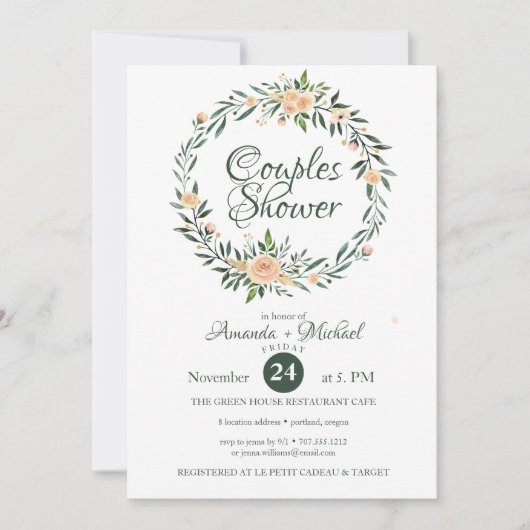 緑のピンクの花リースカップルのシャワー 招待状 (正面)