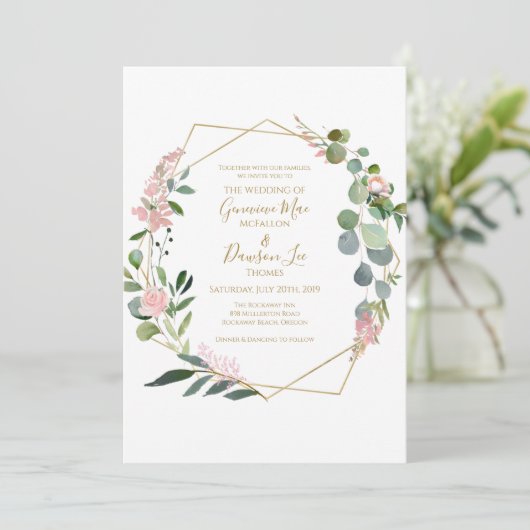 緑のピンクの花幾何形状招待状 招待状 (スタンド正面)