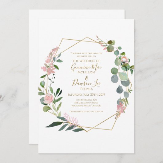 緑のピンクの花幾何形状招待状 招待状 (正面/裏面)